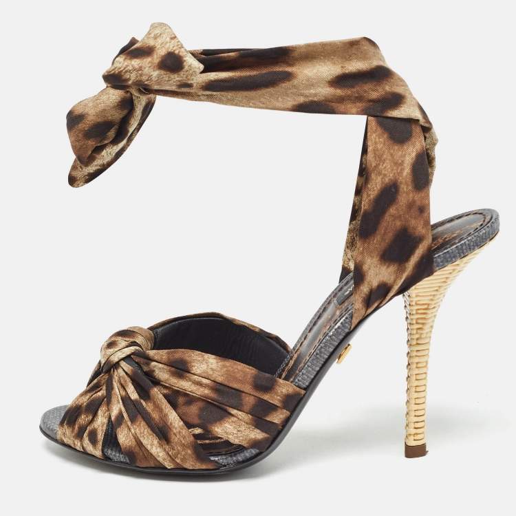 مملوكة مسبقًا Dolce & Gabbana Brown/Black Leopard Print Satin Ankle Tie Sandals Size 37