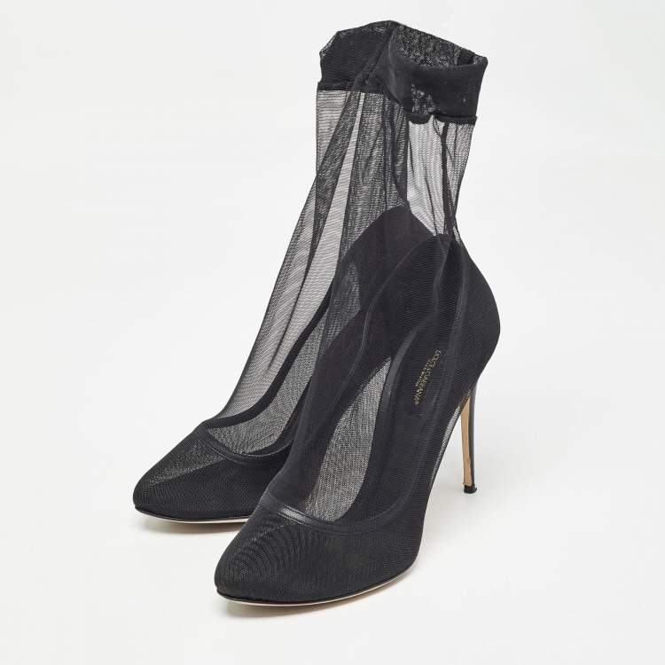 Pre Owned Dolce & Gabbana Black Tulle Fabric Ankle Booties Size 37