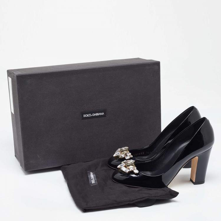 Pre Owned Dolce & Gabbana Black Patent Leather Crystal Embellished Block Heel Pumps Size 36.5