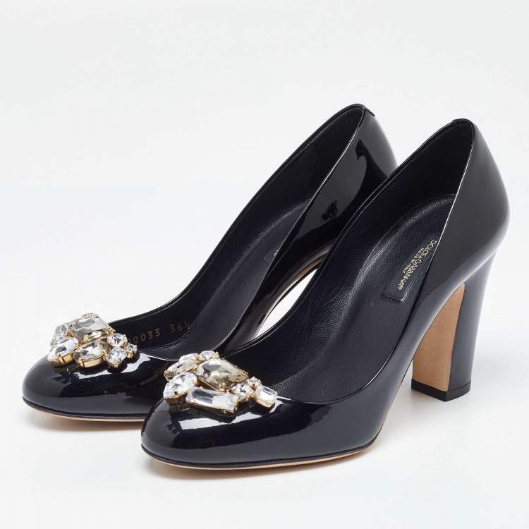 Pre Owned Dolce & Gabbana Black Patent Leather Crystal Embellished Block Heel Pumps Size 36.5