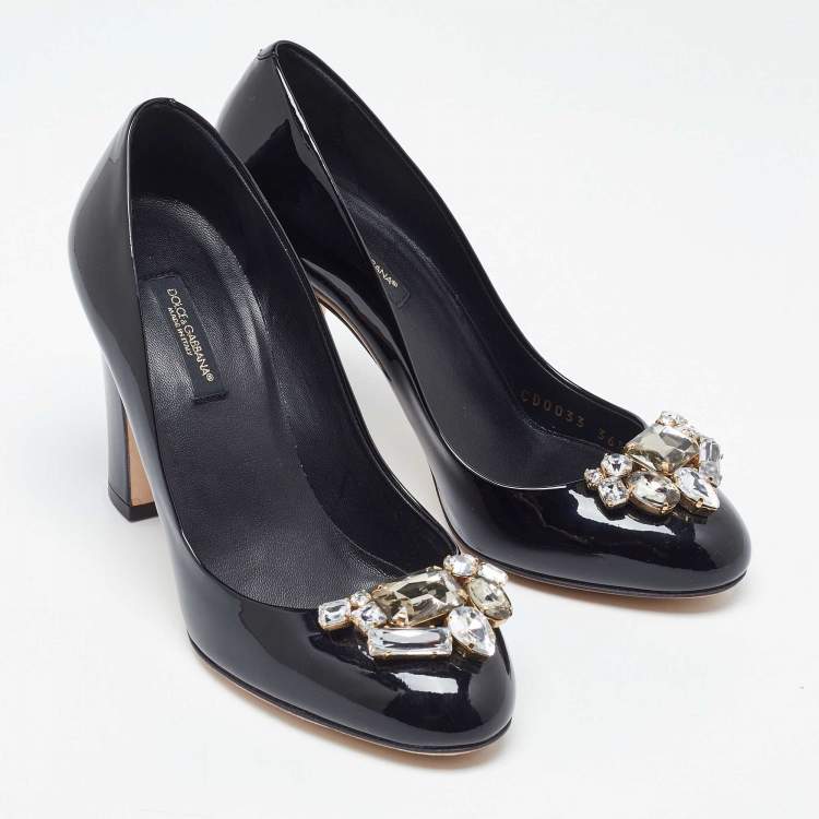 Pre Owned Dolce & Gabbana Black Patent Leather Crystal Embellished Block Heel Pumps Size 36.5