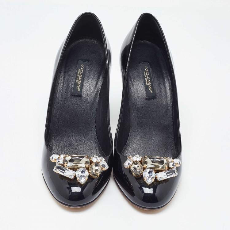 Pre Owned Dolce & Gabbana Black Patent Leather Crystal Embellished Block Heel Pumps Size 36.5