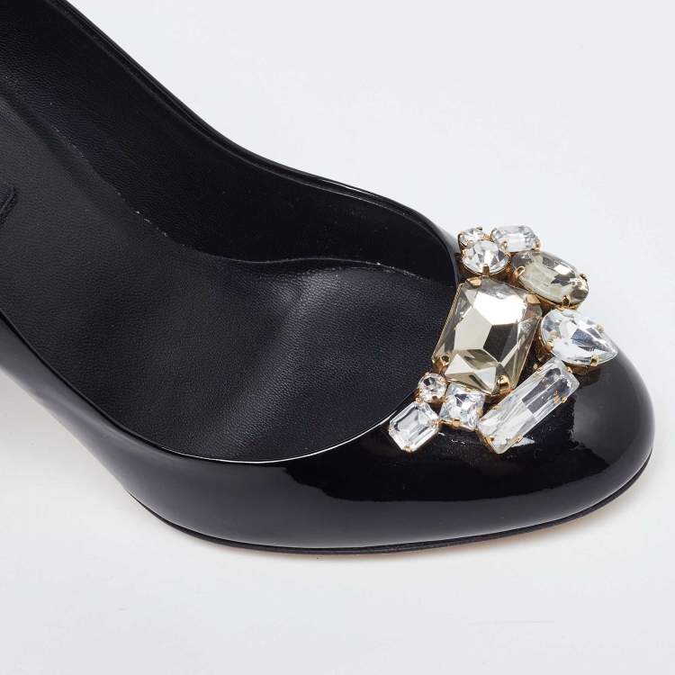 Pre Owned Dolce & Gabbana Black Patent Leather Crystal Embellished Block Heel Pumps Size 36.5