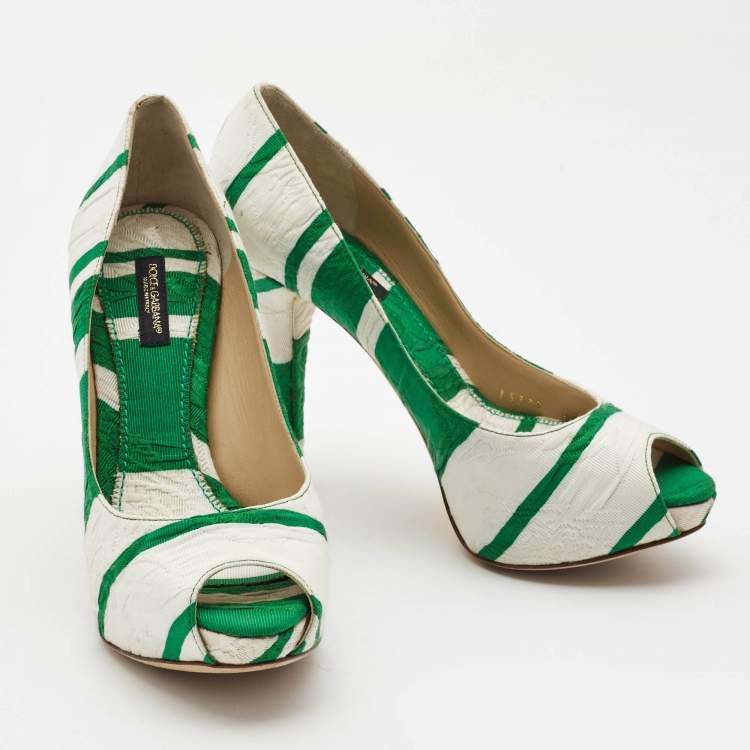 Pre Owned Dolce & Gabbana White/Green Canvas Peep Toe Pumps Size 37