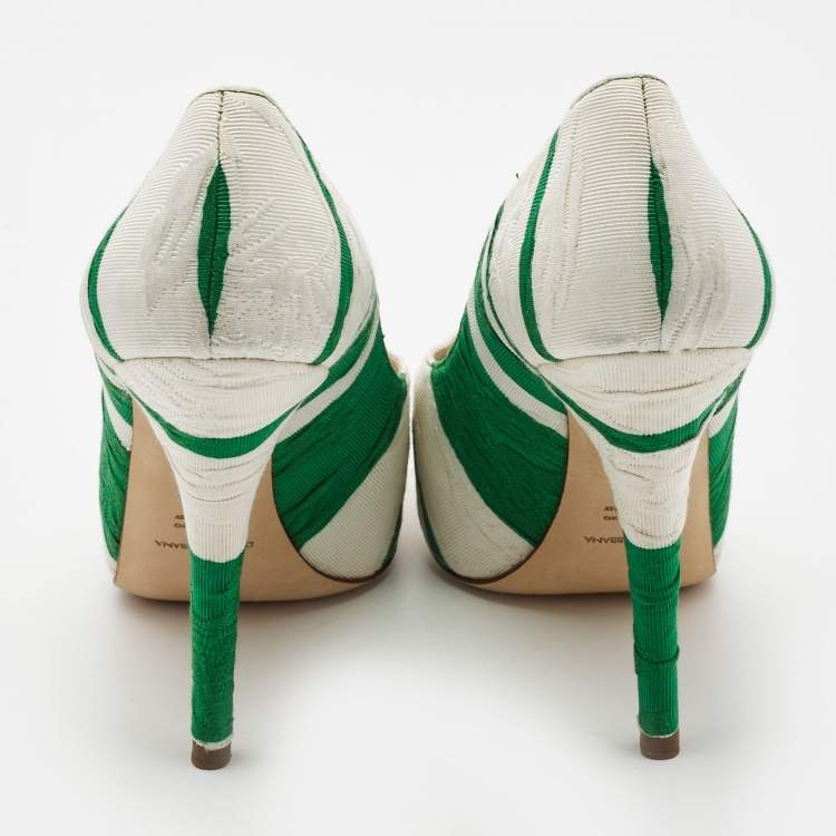 Pre Owned Dolce & Gabbana White/Green Canvas Peep Toe Pumps Size 37