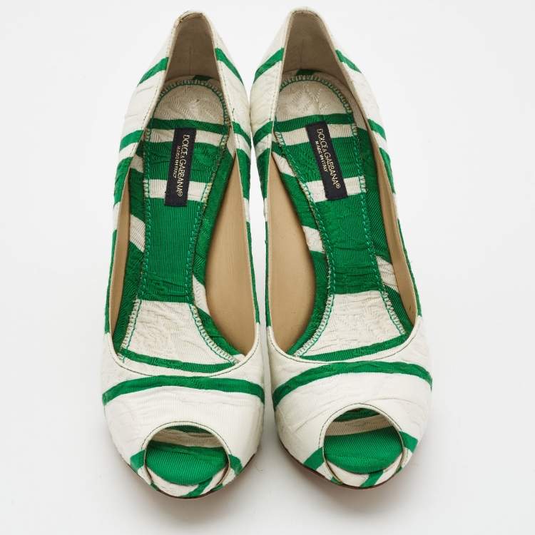 Pre Owned Dolce & Gabbana White/Green Canvas Peep Toe Pumps Size 37