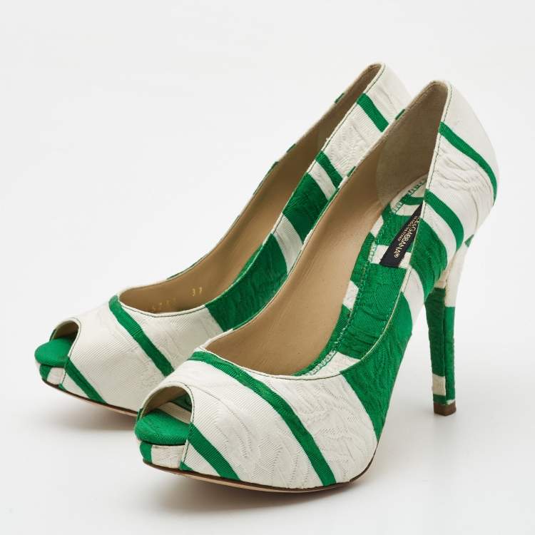 Pre Owned Dolce & Gabbana White/Green Canvas Peep Toe Pumps Size 37