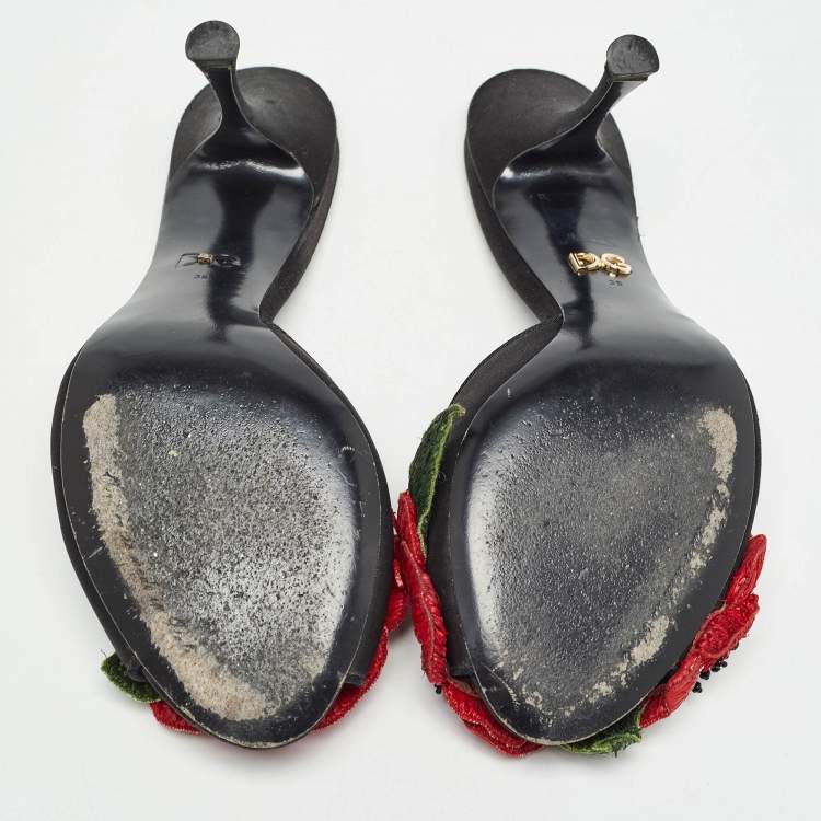 Pre Owned Dolce & Gabbana Black Satin Flower and Crystal Embellished Mules Size 38 