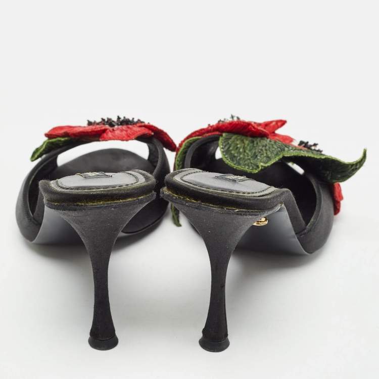 Pre Owned Dolce & Gabbana Black Satin Flower and Crystal Embellished Mules Size 38 