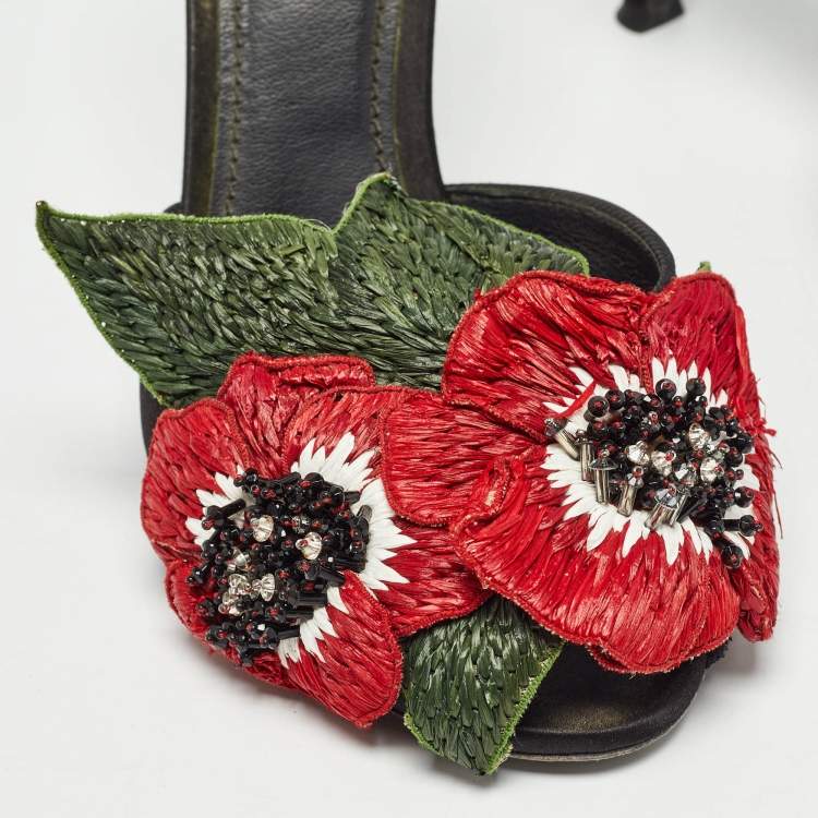 Pre Owned Dolce & Gabbana Black Satin Flower and Crystal Embellished Mules Size 38 