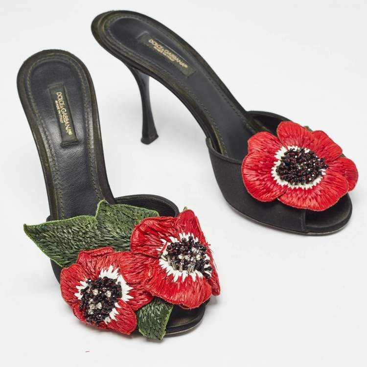 Pre Owned Dolce & Gabbana Black Satin Flower and Crystal Embellished Mules Size 38 