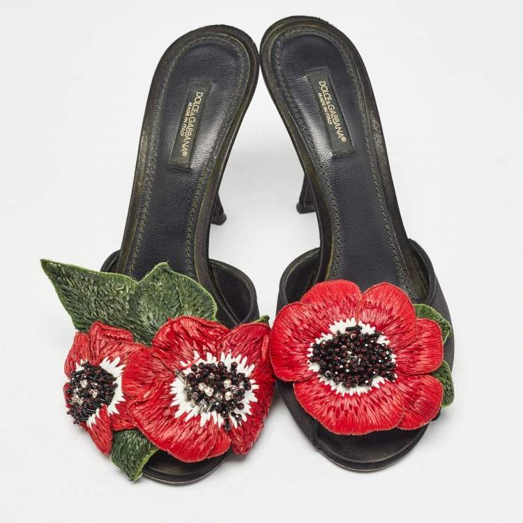Pre Owned Dolce & Gabbana Black Satin Flower and Crystal Embellished Mules Size 38 