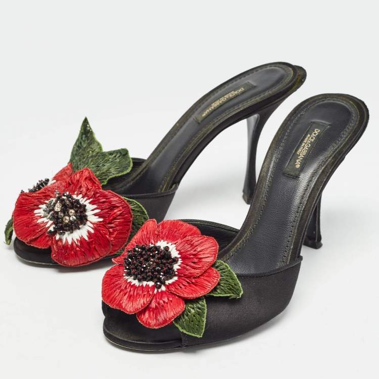 Pre Owned Dolce & Gabbana Black Satin Flower and Crystal Embellished Mules Size 38 
