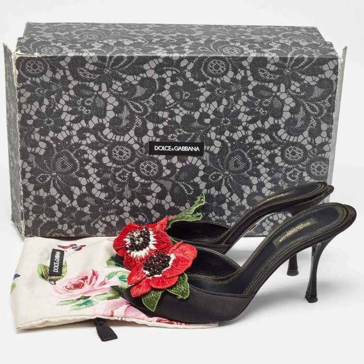Pre Owned Dolce & Gabbana Black Satin Flower and Crystal Embellished Mules Size 38 