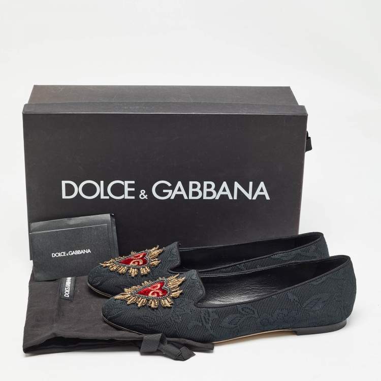 Pre Owned Dolce & Gabbana Black Jacquard Fabric Embellished DG Heart Smoking Slippers Size 37