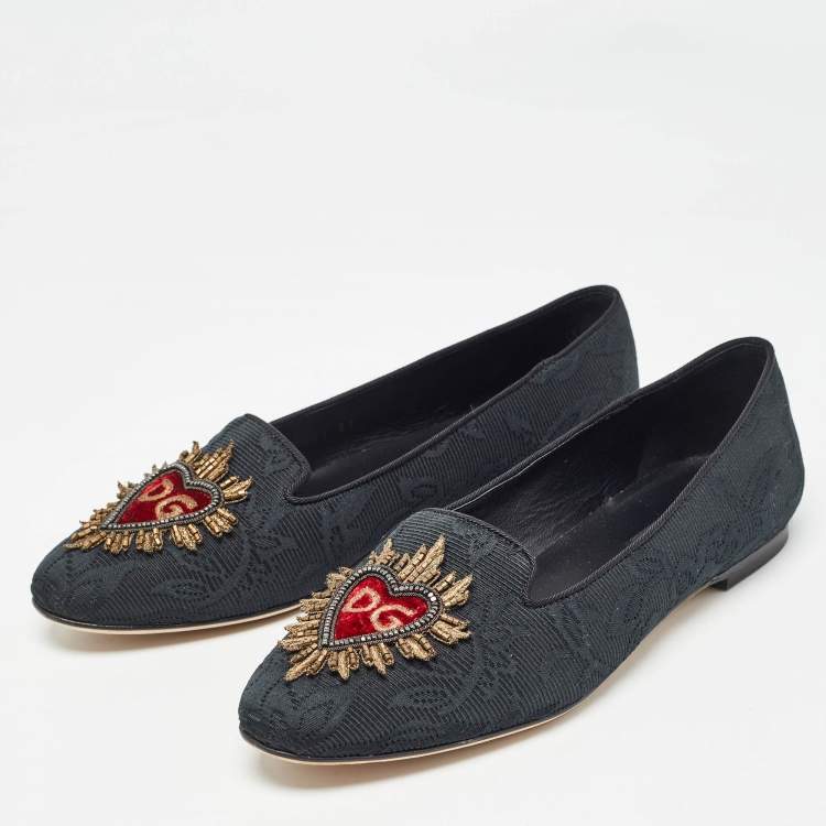 Pre Owned Dolce & Gabbana Black Jacquard Fabric Embellished DG Heart Smoking Slippers Size 37