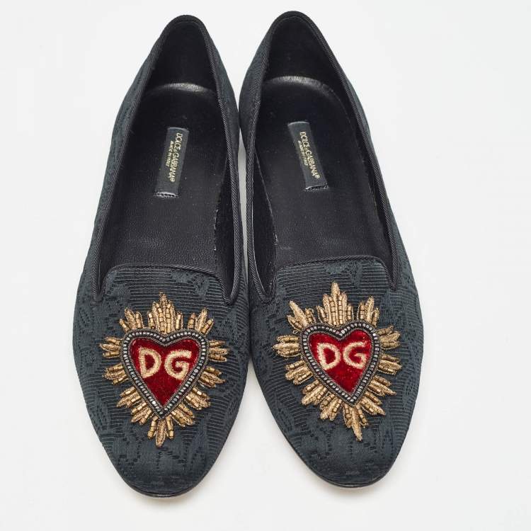 Pre Owned Dolce & Gabbana Black Jacquard Fabric Embellished DG Heart Smoking Slippers Size 37