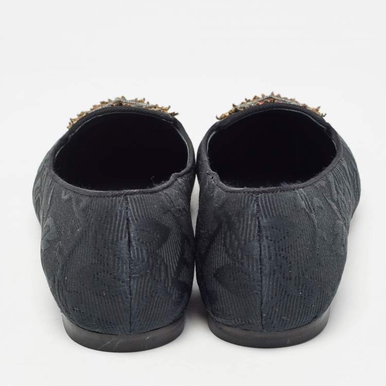 Pre Owned Dolce & Gabbana Black Jacquard Fabric Embellished DG Heart Smoking Slippers Size 37