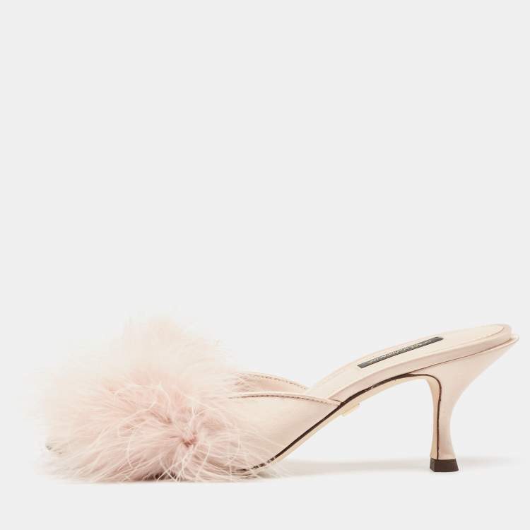 Pre Owned Dolce & Gabbana Pink Satin Feather Detail Slide Sandals Size 37