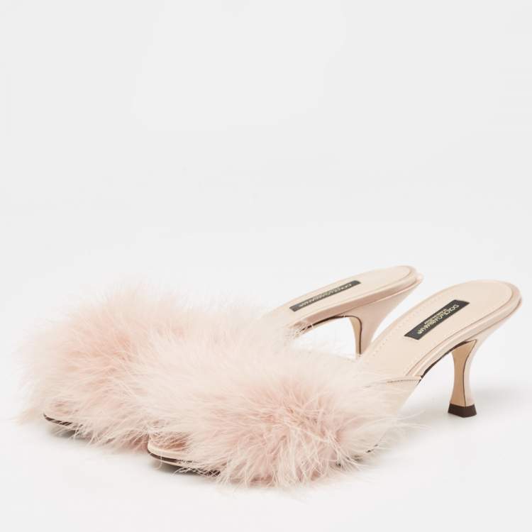 Pre Owned Dolce & Gabbana Pink Satin Feather Detail Slide Sandals Size 37