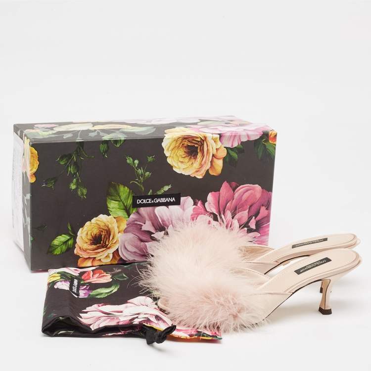 Pre Owned Dolce & Gabbana Pink Satin Feather Detail Slide Sandals Size 37