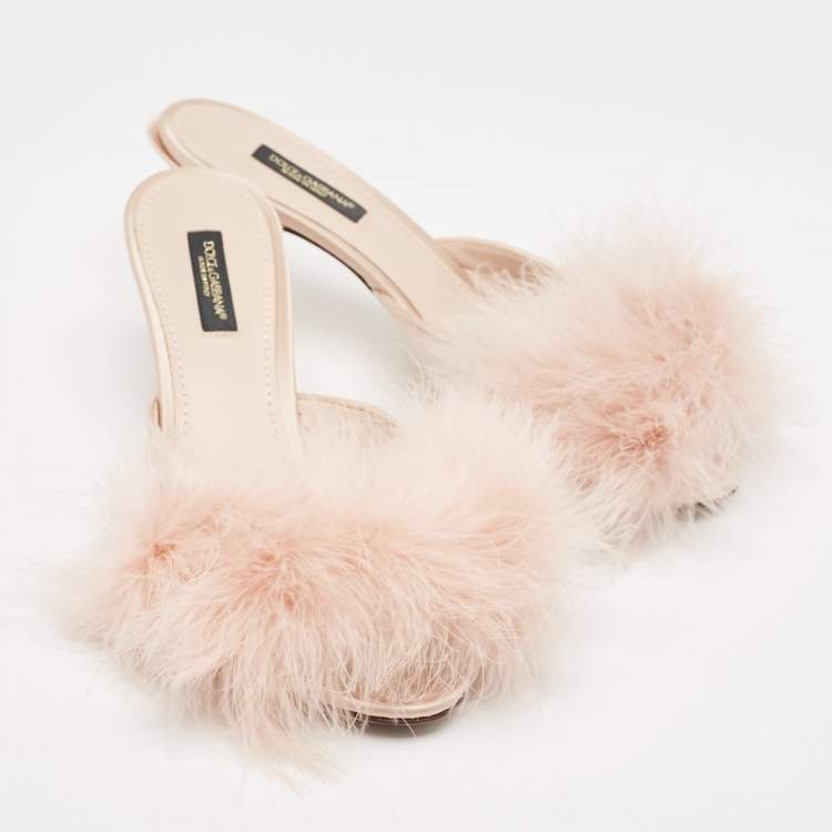 Pre Owned Dolce & Gabbana Pink Satin Feather Detail Slide Sandals Size 37