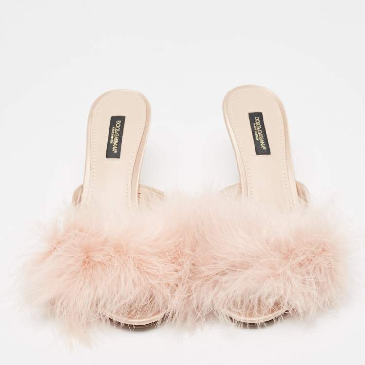 Pre Owned Dolce & Gabbana Pink Satin Feather Detail Slide Sandals Size 37