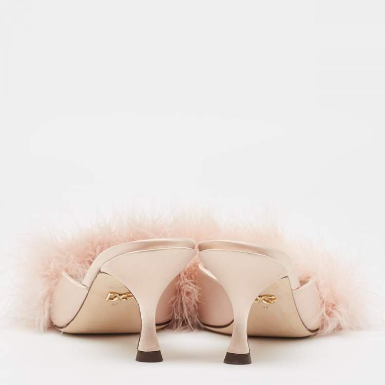 Pre Owned Dolce & Gabbana Pink Satin Feather Detail Slide Sandals Size 37
