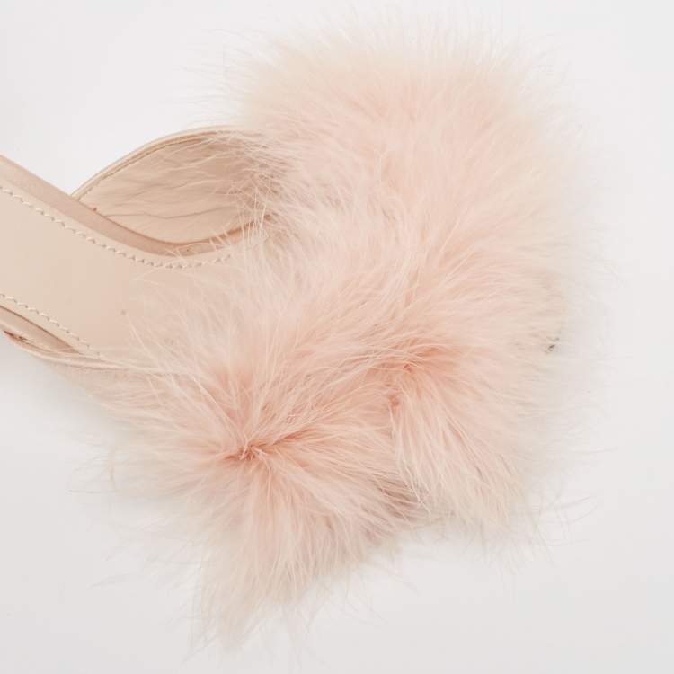 Pre Owned Dolce & Gabbana Pink Satin Feather Detail Slide Sandals Size 37