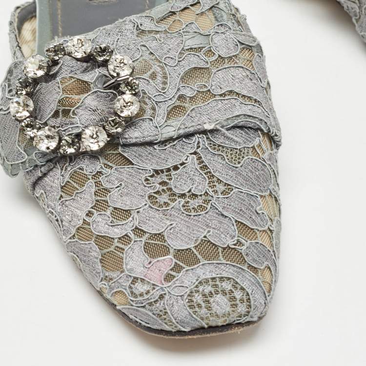 Pre Owned Dolce & Gabbana Grey Lace Crystals Embellished Flat Mules Size 37