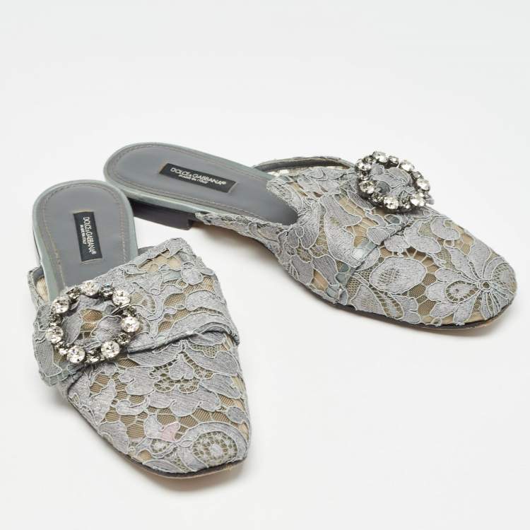 Pre Owned Dolce & Gabbana Grey Lace Crystals Embellished Flat Mules Size 37