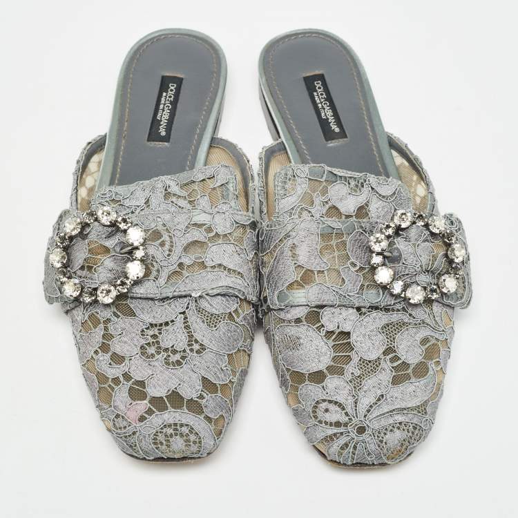 Pre Owned Dolce & Gabbana Grey Lace Crystals Embellished Flat Mules Size 37