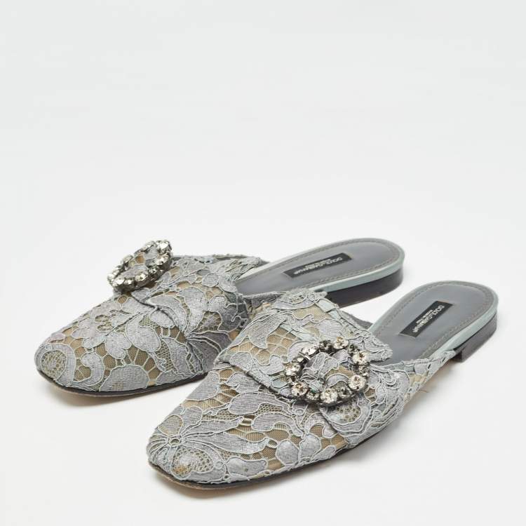 Pre Owned Dolce & Gabbana Grey Lace Crystals Embellished Flat Mules Size 37