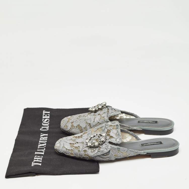 Pre Owned Dolce & Gabbana Grey Lace Crystals Embellished Flat Mules Size 37