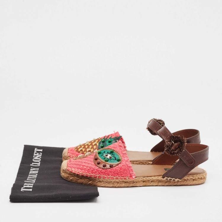 Pre Owned Dolce & Gabbana Multicolor Raffia and Leather Pineapple Kiwi Patch Espadrille Sandals Size 40