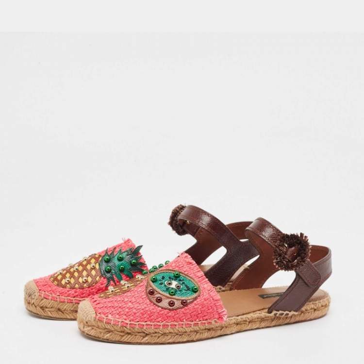 Pre Owned Dolce & Gabbana Multicolor Raffia and Leather Pineapple Kiwi Patch Espadrille Sandals Size 40