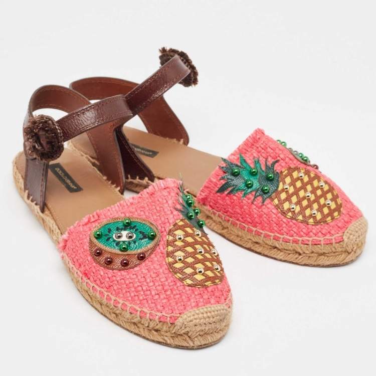 Pre Owned Dolce & Gabbana Multicolor Raffia and Leather Pineapple Kiwi Patch Espadrille Sandals Size 40