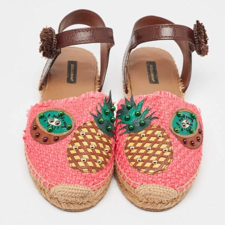 Pre Owned Dolce & Gabbana Multicolor Raffia and Leather Pineapple Kiwi Patch Espadrille Sandals Size 40