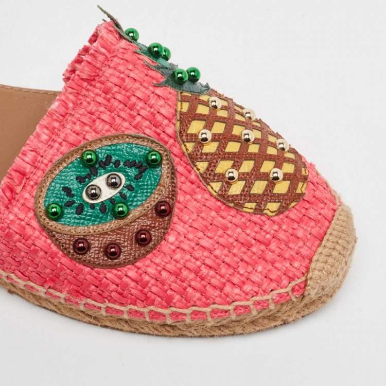Pre Owned Dolce & Gabbana Multicolor Raffia and Leather Pineapple Kiwi Patch Espadrille Sandals Size 40