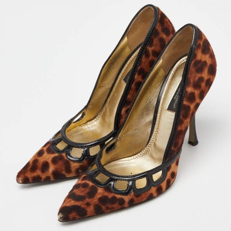 Pre Owned Dolce & Gabbana Brown Calf Hair and Patent Leather Pointed Toe Pumps Size 37