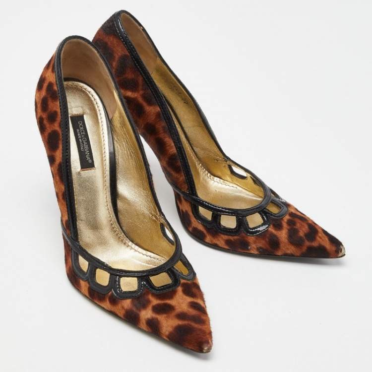 Pre Owned Dolce & Gabbana Brown Calf Hair and Patent Leather Pointed Toe Pumps Size 37