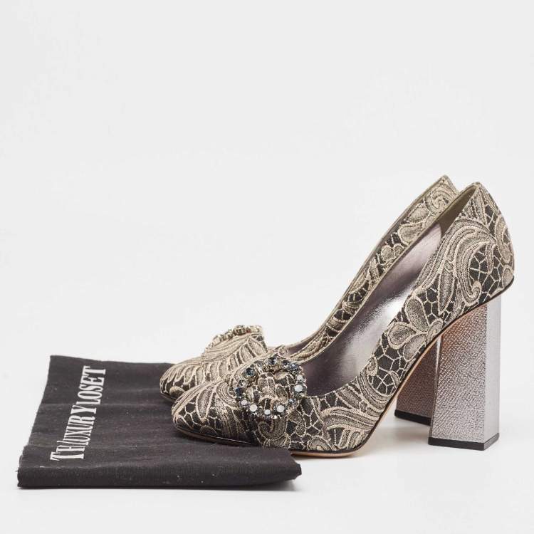 Pre Owned Dolce & Gabbana Silver/Beige Jacquard Floral Crystal Pumps  Size 37