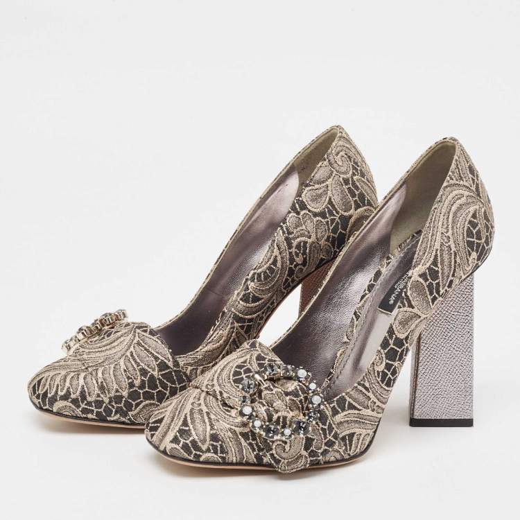 Pre Owned Dolce & Gabbana Silver/Beige Jacquard Floral Crystal Pumps  Size 37