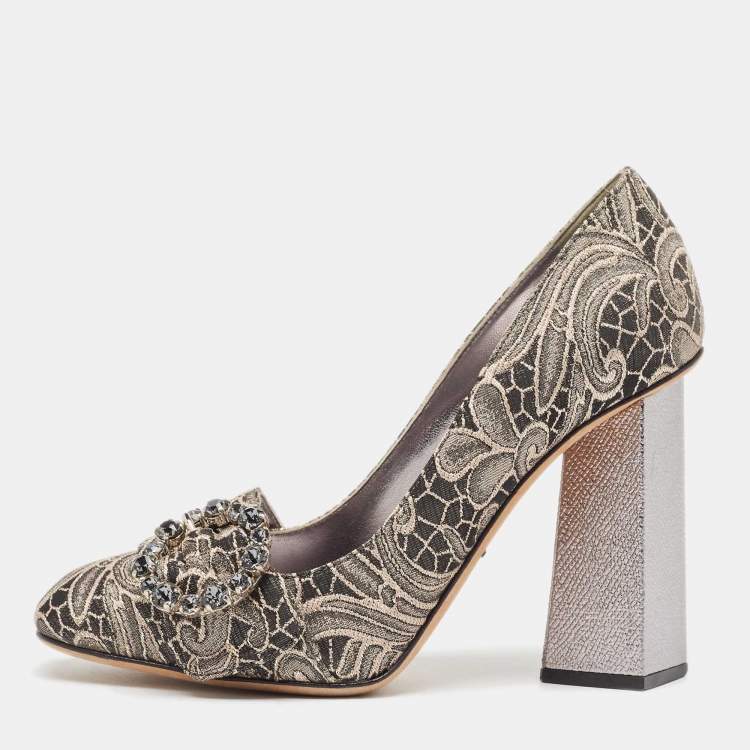 Pre Owned Dolce & Gabbana Silver/Beige Jacquard Floral Crystal Pumps  Size 37