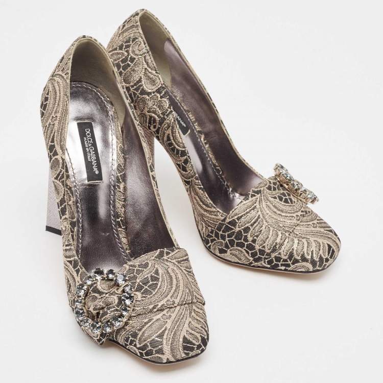 Pre Owned Dolce & Gabbana Silver/Beige Jacquard Floral Crystal Pumps  Size 37