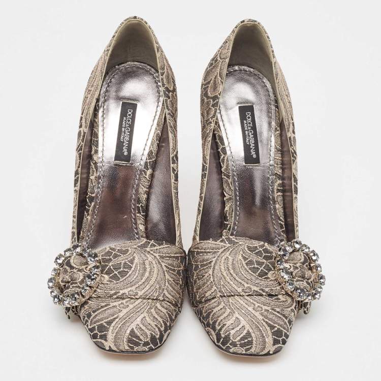 Pre Owned Dolce & Gabbana Silver/Beige Jacquard Floral Crystal Pumps  Size 37