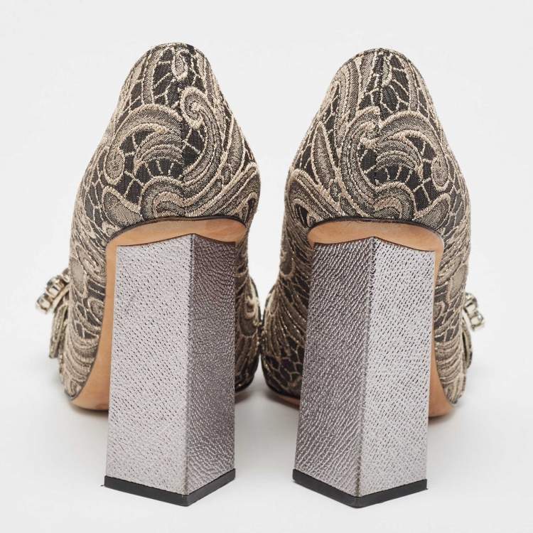 Pre Owned Dolce & Gabbana Silver/Beige Jacquard Floral Crystal Pumps  Size 37