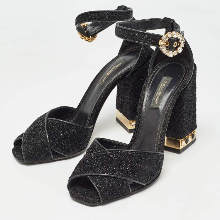 Pre Owned Dolce & Gabbana Black Lurex Fabric Crystal Embellished Block Heel Ankle Strap Sandals Size 37