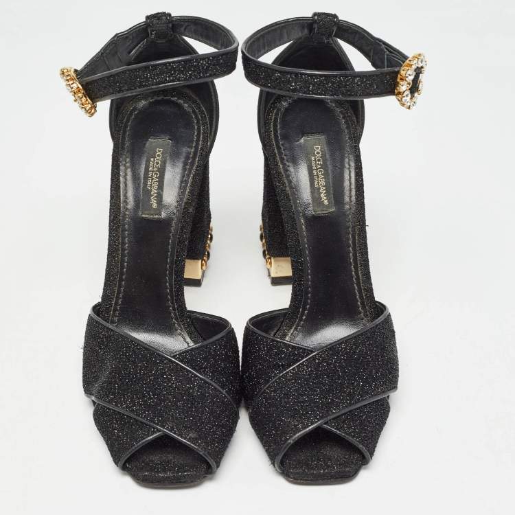 Pre Owned Dolce & Gabbana Black Lurex Fabric Crystal Embellished Block Heel Ankle Strap Sandals Size 37