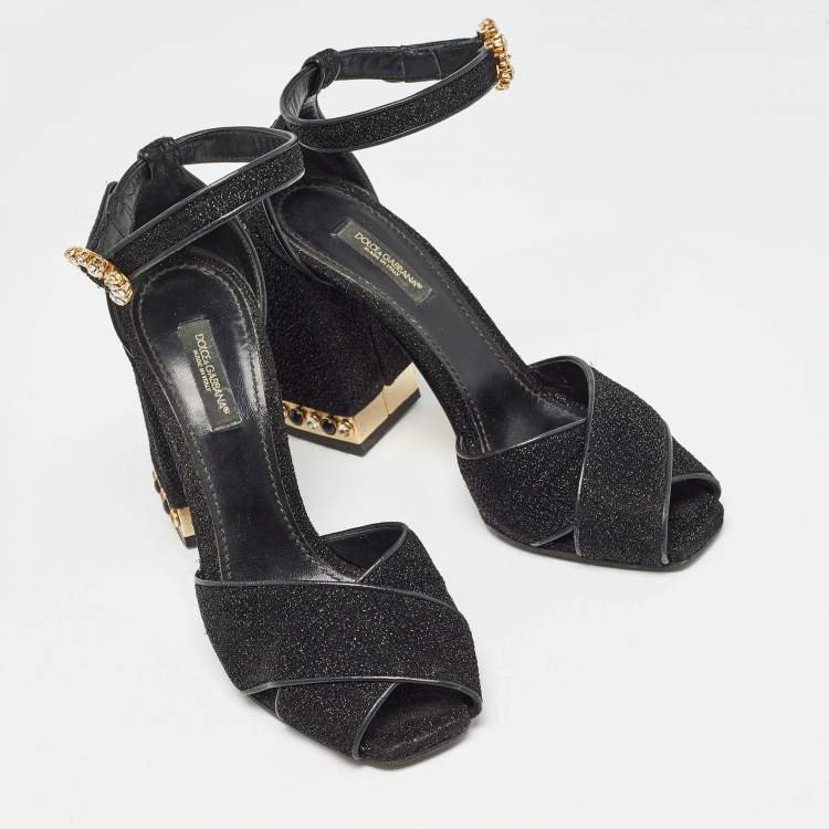 Pre Owned Dolce & Gabbana Black Lurex Fabric Crystal Embellished Block Heel Ankle Strap Sandals Size 37